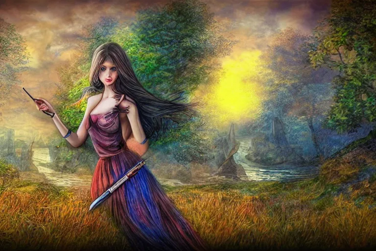 Prompt: girl, fantasy, pen painting, ultra realistic!!!, hdr, clear weather, golden hour, sharp focus