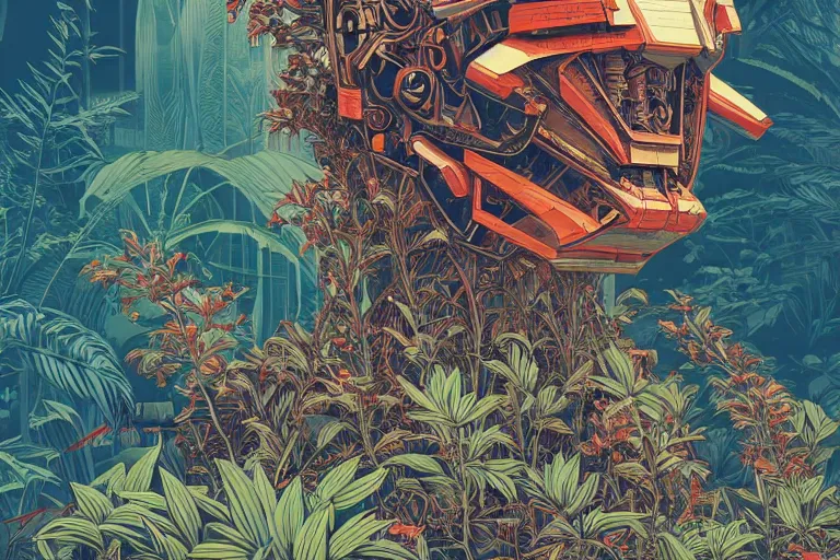 Image similar to gigantic mecha head with lot of details, a lot of exotic vegetation, trees, flowers by moebius, dull colors, junji ito, tristan eaton, victo ngai, artgerm, rhads, ross draws, hyperrealism, intricate detailed, risograph