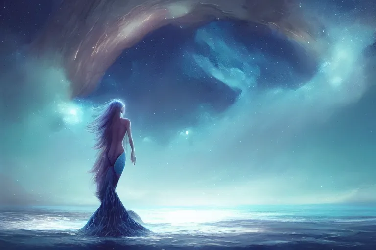 Image similar to the night sky is an upside down ocean, the stars are fish in the depths, the night sky is a sea, distant nebula are glowing algae, the ghostly hair of a mermaid looks down from the veil of the sky, her hair is the milky way, fantasy painting by jessica rossier