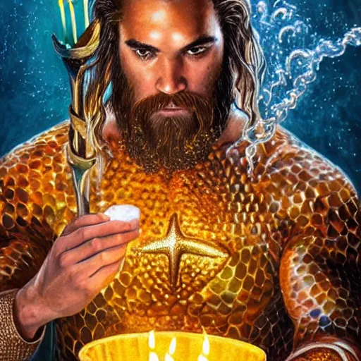 Image similar to intricate five star portrait of aquaman blowing the candle at his birthday, oil on canvas, hdr, high detail, photo realistic, hyperrealism, matte finish, high contrast, 3 d depth, centered, masterpiece, grainy, muted colors, enhanced light effect, enhanced eye detail, artstationhd