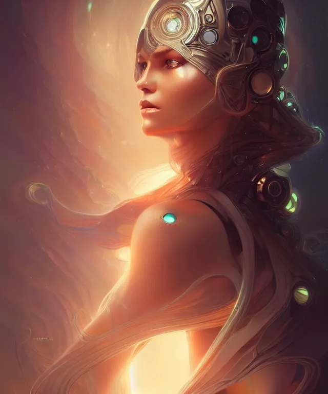 Image similar to futuristic woman portrait, sci-fi, amber eyes, face, long hair, fantasy, intricate, elegant, highly detailed, digital painting, artstation, concept art, smooth, sharp focus, illustration, art by artgerm and greg rutkowski and alphonse mucha