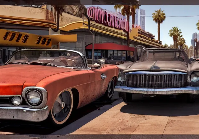 Prompt: rusty and restored vintage cars on the vegas strip, grand theft auto, photorealistic hyperdetailed 3 d matte painting, hyperrealistic, cinematic, unrealengine octane render,