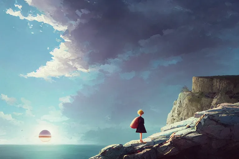 Image similar to giant white daisy flower over head, girl standing on rocky cliff, surreal photography, eclipse, milky way, dramatic light, impressionist painting, colorful clouds, digital painting, artstation, james gilleard, liam wong, jeremy mann, simon stalenhag