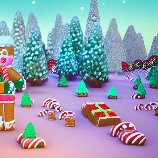 Image similar to cinematic Candy land forest during christmas time with anthropomorphic ginger bread people and candy people, rivers made out of chocolate milk, the sky is pink, 3d render, Trending on artstation