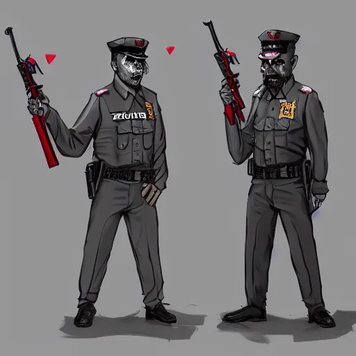 Prompt: zombie police security guard officers ( beige uniform and caps ) ( floating in red spectral aura ) wield uzis in ( brutalist concrete gray office ) trending on artstation high detail concept art digital painting 4 k 8 k hd