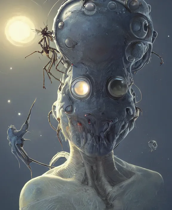 Image similar to simplicity, portrait of an alien insect fungus creature, adorable, childlike, milky way environment, ultra realistic, concept art, intricate details, cheerful, highly detailed, photorealistic, octane render, 8 k, unreal engine. art by christopher marley and artgerm and greg rutkowski and alphonse mucha