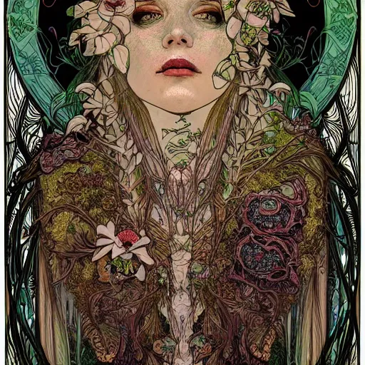 Image similar to a beautiful detailed front view portrait of a rotten woman corpse with fractal plants and fractal flowers and mushrooms growing around, symmetrical, ornate, ornamentation, illustration, in the style of art nouveau, mucha