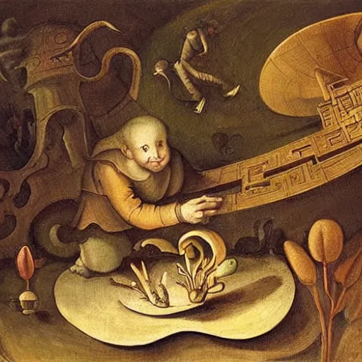 Prompt: A illustration. A rip in spacetime. Did this device in his hand open a portal to another dimension or reality?! Labyrinth Pan's by Frans Francken the Younger, by Santiago Calatrava
