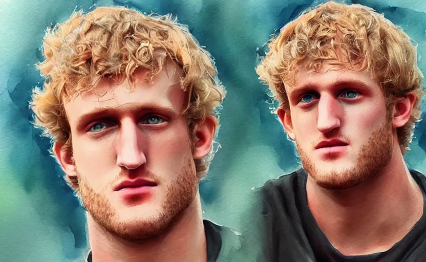 Image similar to a painting of a logan paul trending on artstation in the style of greg rutkowski, 3 d, watercolor, beautiful, young, portrait