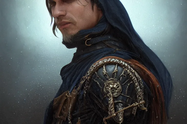 Prompt: ultrarealistic cursed male mage the sand man face portrait fighting, long black hair blue eyes wearing leather mantle gothic navy cloak with leather details, cave cliffside, octane render, extreme intricate details, elegant, cinematic lighting, highly detailed, dnd fantasy character art, cgsociety, sharp focus, beautiful digital painting by artgerm, gerald brom, wlop, alphonse mucha
