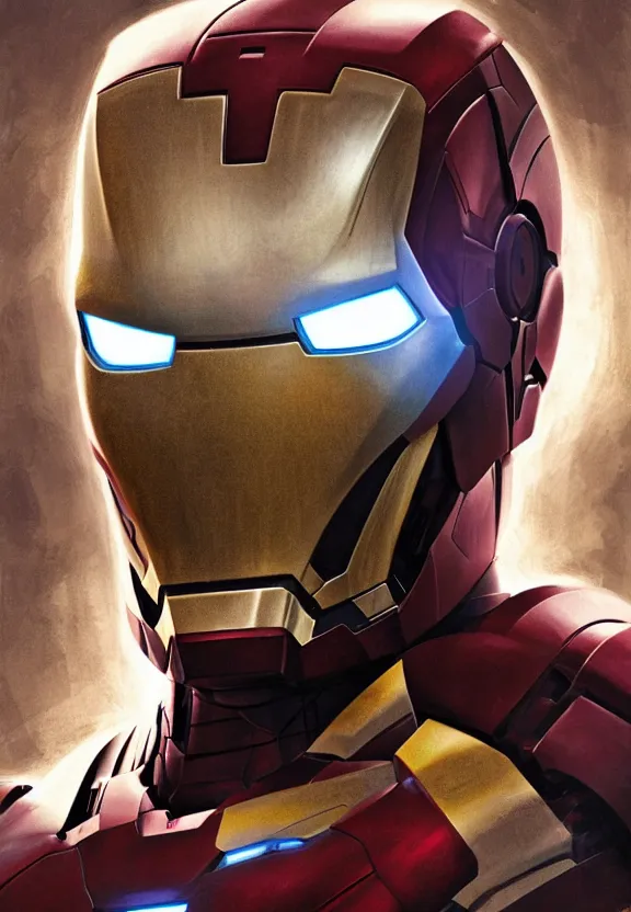 Prompt: iron man portrait close up, highly detailed, science fiction, dark lighting, glowing eyes, art style by klimt and nixeu and ian sprigger and wlop and krenz cushart