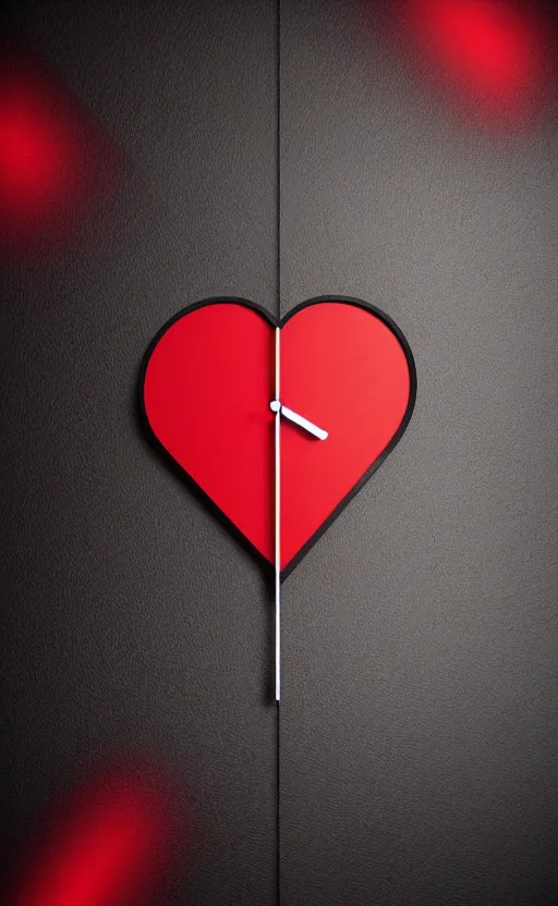 Image similar to a melting Roman numeral clock, behind a red and black gradient background, awith a black heart shaped on the top left corner and a black diamond card shape in the bottom right corner, dynamic lighting, photorealistic fantasy concept art, trending on art station, stunning visuals, cinematic, creative, ultra detailed