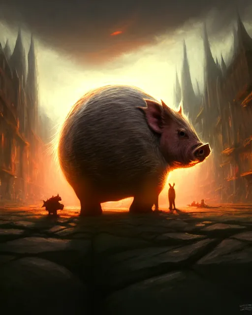 Image similar to Giant Hog looking at mouse, medium shot, fear, D&D, artstation, fantasy, magic the gathering artwork, cinematic lighting, centered, symmetrical, highly detailed, digital painting, , concept art, smooth, sharp focus, illustration, volumetric lighting, epic Composition, 8k, art by Akihiko Yoshida and Greg Rutkowski and Craig Mullins, oil painting, cgsociety