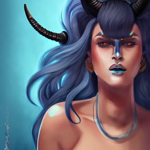 Image similar to illustrated portrait of ram-horned devil woman with blue bob hairstyle and tanned colored skin and with solid black eyes wearing leather by rossdraws