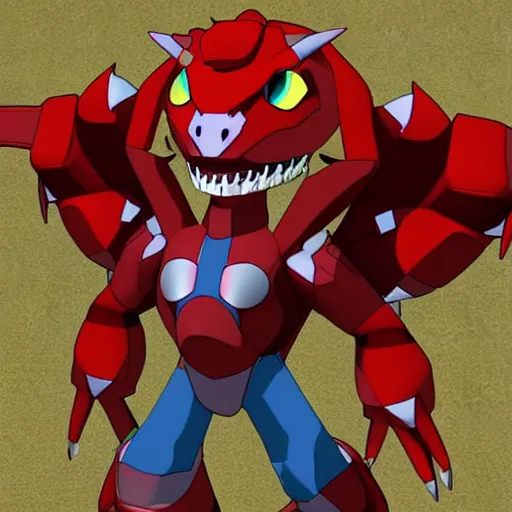 Image similar to guilmon digivolving, flesh ripping to reveal 3 d polygons, digimon