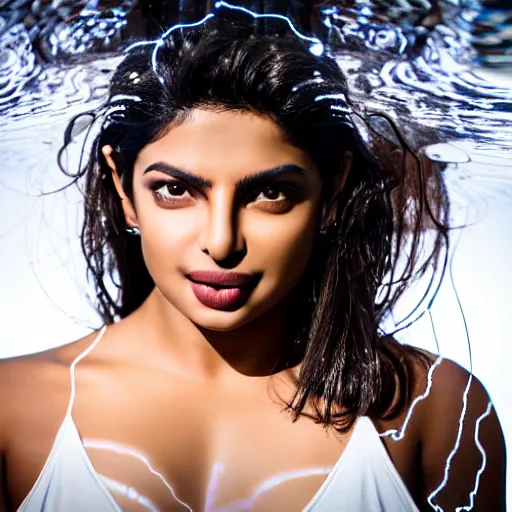 Prompt: beautiful centered Fine art photo portrait of Priyanka Chopra as a solarpunk robotic humanoid treading on water, white mechanical parts with led lights, photorealistic, white background, highly detailed and intricate, sun lighting, HDR 8k