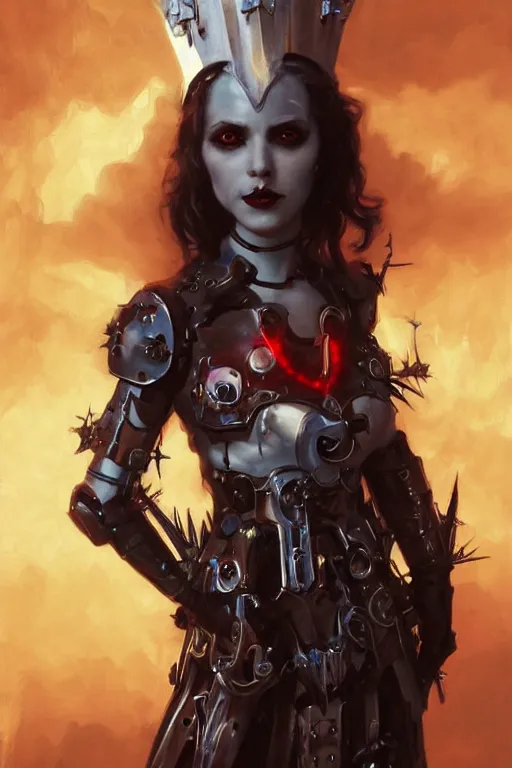 Image similar to Portrait of beautiful pale smiling cyborg goth maiden in bikini armor with crown of thorns and glowing red eyes, steampunc, Warhammer 40000, digital art from artstation by Ruan Jia and Mandy Jurgens and Artgerm and william-adolphe bouguereau