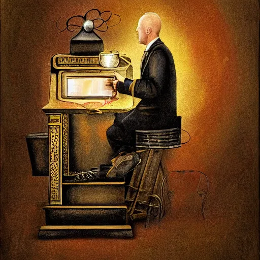 Image similar to a portrait of a magician working on ancient machines to do magic