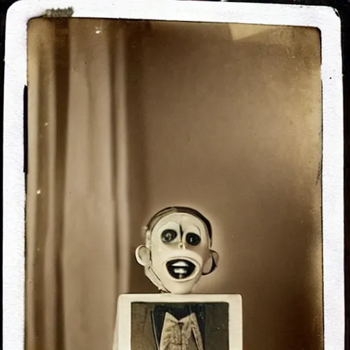 Prompt: creepy marionette puppet, horror, pediophobia, lost photograph, forgotten, final photo found before disaster, polaroid,