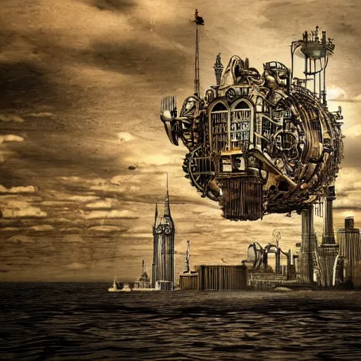 Image similar to Free city, floating in the wind on its huge shining engine. It is inhabited by a variety of creatures, erecting their own high building, a match for their self-expression. Steampunk style.