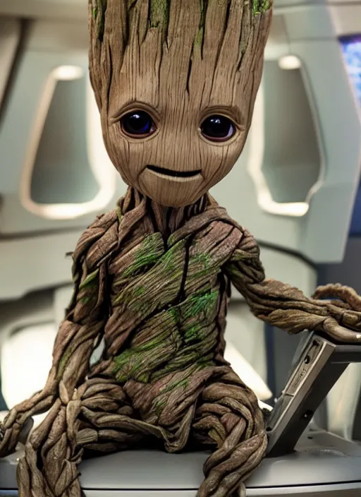 Prompt: baby groot sitting in the captains chair of the uss enterprise, photo realistic, centered in frame