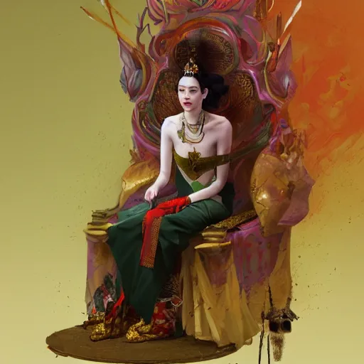 Image similar to Portrait of Stoya as a oriental queen on her throne in the forets, by Sergey Kolesov, trending on Artstation, 8k, masterpiece, graffiti paint, dishonored, fine detail, full of color, intricate detail