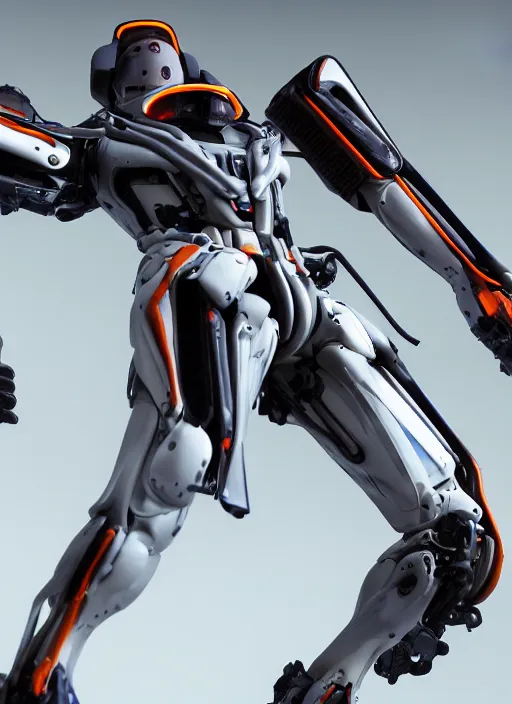 Image similar to a Photorealistic dramatic hyperrealistic full frame render of a Sleek futuristic exosuit Freedom Formula Racing Mech,Ultra realistic details,glossy white metal,Orange racing stripes,weathered surfaces,by Hidetaka Tenjin,Yoh Yoshinori,Yoji Shinkawa,Masamune Shirow,Beautiful dramatic dark moody tones and lighting,cinematic atmosphere,studio lighting,shadows,dark background, Octane render,8K