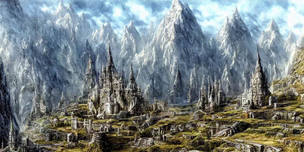 Image similar to an elven city built into the side of a mountain, pristine, by alan lee, lord of the rings, smooth, detailed terrain, oil painting, matte painting, concept art, trending on artstation