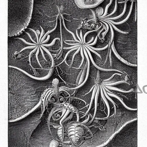 Image similar to technicolor venus flytrap, by Ernst Haeckel, by M.C. Escher, beautiful, eerie, surreal, colorful