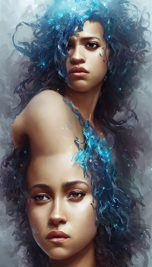 Prompt: dramatic upper body portrait of Nathalie Emmanuel as a mermaid by Ruan Jia and Mandy Jurgens and Artgerm and william-adolphe bouguerea, highly detailed, trending on artstation, award winning