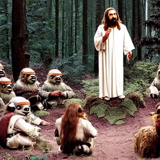Prompt: Jesus Christ preaching on Endor with ewoks listening