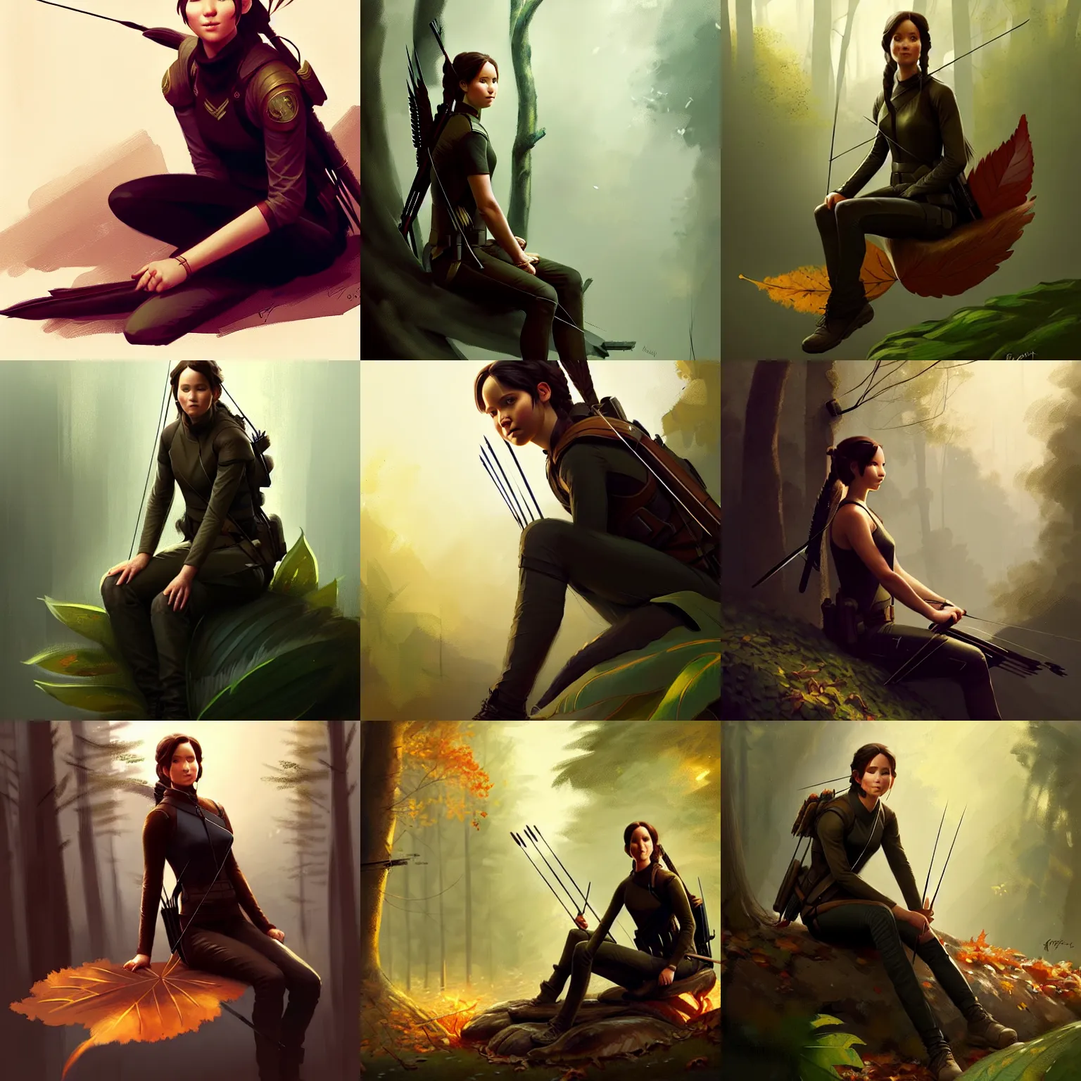 Prompt: katniss everdeen sitting on a giant leaf, digital painting, greg rutkowski, artstation