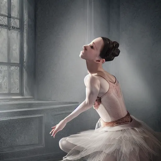 Image similar to full body pose, hyperrealistic photograph of stunning ballerina, dim volumetric lighting, 8 k, octane beautifully detailed render, extremely hyper detailed, intricate, epic composition, cinematic lighting, masterpiece, trending on artstation, very very detailed, stunning, hdr, smooth, sharp focus, high resolution, award, winning photo, dslr, 5 0 mm