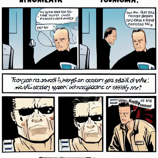 Prompt: terminator says something in a speech bubble with text in it