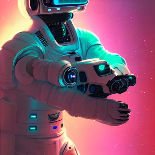 Image similar to cyberpunk astronaut bot, cinema 4 d, galaxy space sci - fi, wearing vr goggles, illustration, portrait, pastel neon textured background night, trending on artstation, greg rutkowski, octane rendered, 1 2 k, detailed,