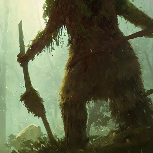 Image similar to Tree druid, closeup, axe in hand, in the forest, dungeons and dragons, by Greg Rutkowski, digital art, trending on artstation