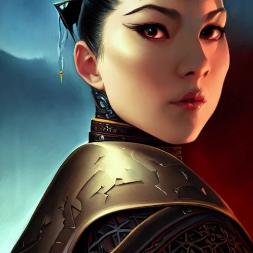 Image similar to Portrait of Azula wearing skintight black leather armor, Avatar the Last Airbender, Dungeons and Dragons, Lord of the Rings, intricate, elegant, highly detailed, digital painting, artstation, concept art, smooth, sharp focus, illustration, art by artgerm and greg rutkowski and alphonse mucha and andrei riabovitchev