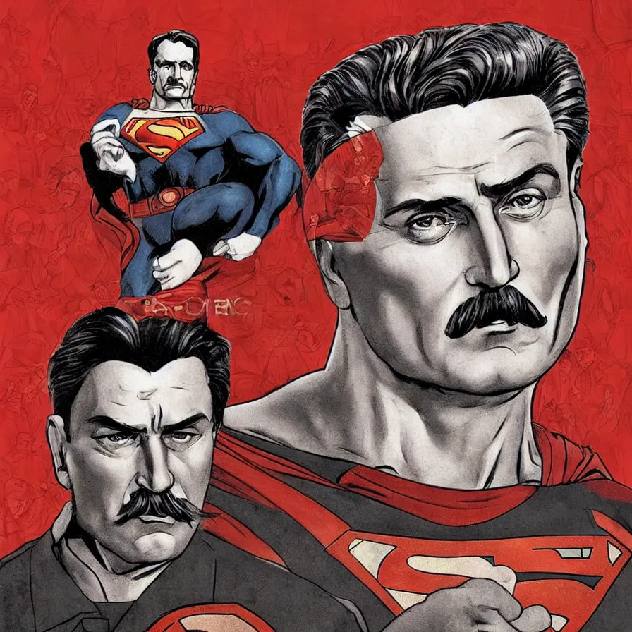 Image similar to epic comic book cover of stalin as superman floating over the red square ( moscow ), socialist realism, aesthetically pleasing, finely detailed facial features, hyperrealistic, intricate digital art, trending artstation, artgem, rich moody colors, fan art, concept art, in the style of the red son, by cory walker and ryan ottley