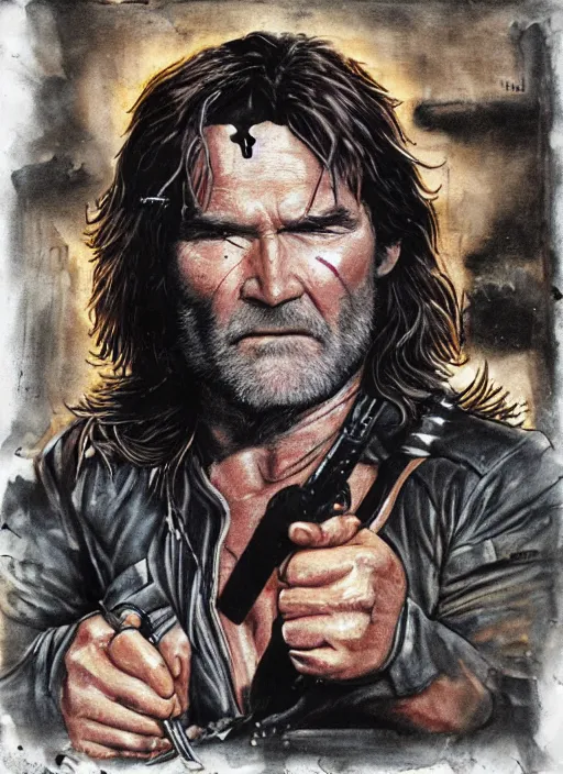 Image similar to Kurt Russell as Snake Plissken Escape From New York, Movie Inspired, mixed media, tritone