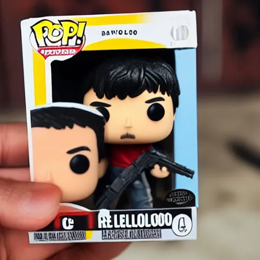 Prompt: a Funko Pop collectible of Sylvester Stallone Rambo. red headband. holding in one hand automatic rifle