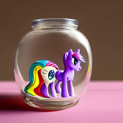 Prompt: a my little pony figure in a jar covered in a mysterious sticky yellowish fluid