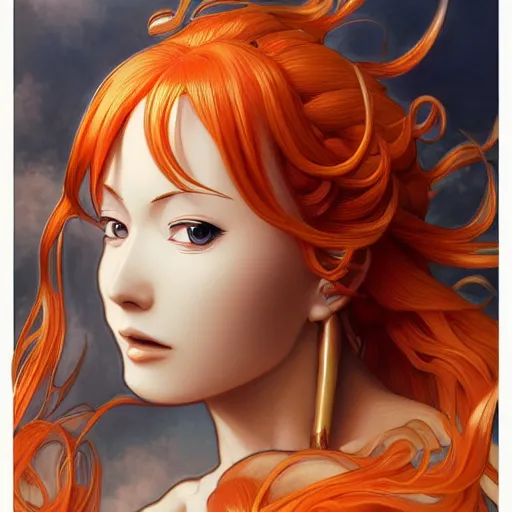 Prompt: intricately detailed vfx portrait of nami from one piece by eiichiro oda, makoto shinkai, alphonse mucha, art by artgerm and greg rutkowski, best of behance, concept art, matte, sharp focus, opulent, orange hair, elegant, adolphe bouguereau, annie leibovitz, stanley kubrick,