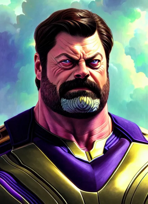 Image similar to portrait of nick offerman as thanos, muscular! fantasy, intricate, elegant, highly detailed, digital painting, artstation, concept art, smooth, sharp focus, illustration, art by artgerm and greg rutkowski and alphonse mucha