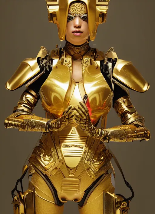 Prompt: portrait of a futuristic geisha cyborg with golden body armor, modern fine art, fractal, intricate, elegant, highly detailed, digital photography, subsurface scattering, by jheronimus bosch and greg rutkowski,