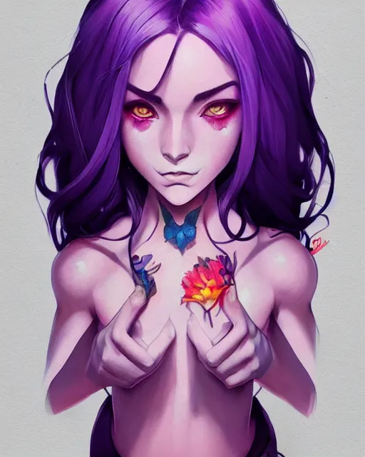 Prompt: beautiful female purple hair tattoo symmetrical face eyes happy full length fantasy art icon, 2d art cover , official fanart behance hd artstation by Jesper Ejsing, by RHADS, Makoto Shinkai and Lois van baarle, ilya kuvshinov, rossdraws