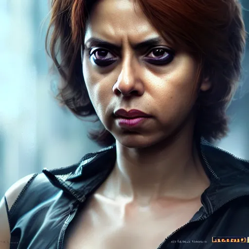 Image similar to Mamata Bannerjee as black widow, au naturel, hyper detailed, digital art, trending in artstation, cinematic lighting, studio quality, smooth render, unreal engine 5 rendered, octane rendered, art style by klimt and nixeu and ian sprigger and wlop and krenz cushart