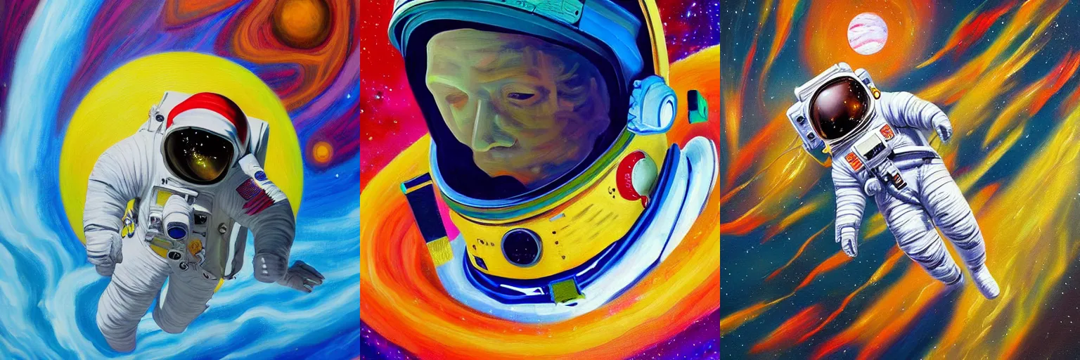 Prompt: A Detailed Painting of An Astronaut Floating In Space, Bright Colors, In The Style Of An oil Painting, Trending on Artstation