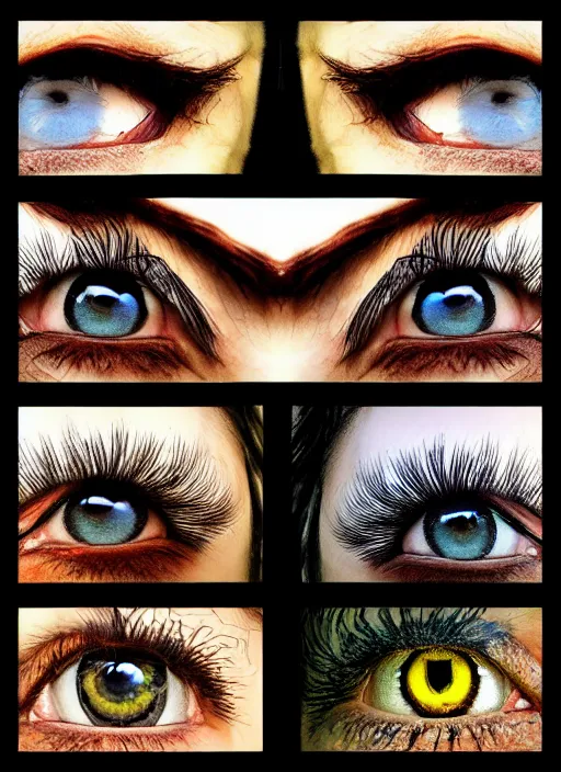 Image similar to grid montage of square shaped eyes, square shaped dilated pupils, square irises, detailed colored textures, eyelashes, advanced art, art styles mix, from wikipedia, wet reflections in eyes, sunshine light, hd macro photograph, from side, various eyelid positions, square black pupil centered