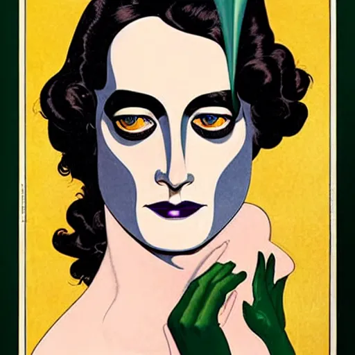 Image similar to Eva Green is Metamorpho, the Element Woman, Art by Coles Phillips, Chalk white skin, deep purple hair, Green eyes, Orange background, Mucha, Portrait of the actress, Eva Green as Metamorpho, carbon black and antique gold