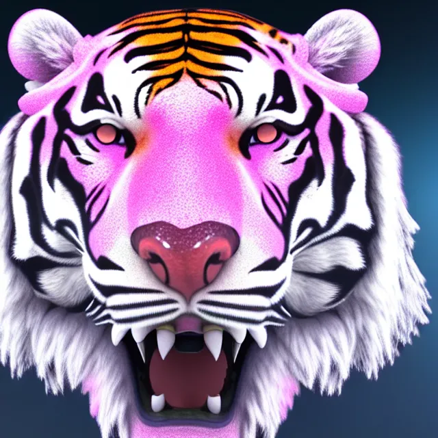 Prompt: 4 k magical realism render of a gigantic tiger head made of crystaline rose quartz, symetrical features.